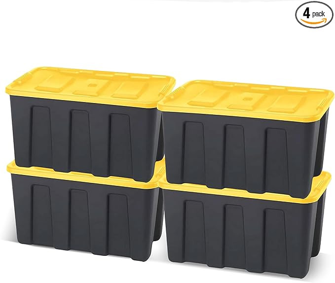 HOMZ 4-Pack Durabilt Tote, Heavy Duty Plastic Storage Bins with Lids, 34 Gallon, Black/Yellow - S... | Amazon (US)