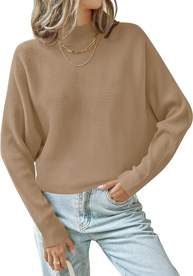 ZESICA Women's 2024 Fall Turtleneck Batwing Long Sleeve Ribbed Knit Casual Soft Pullover Sweater ... | Amazon (US)