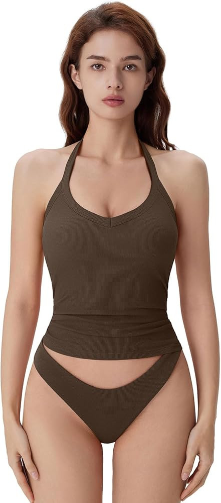 SUUKSESS Halter Tank Top for Women with Built in Bra Cotton Ribbed V Neck Cami | Amazon (US)