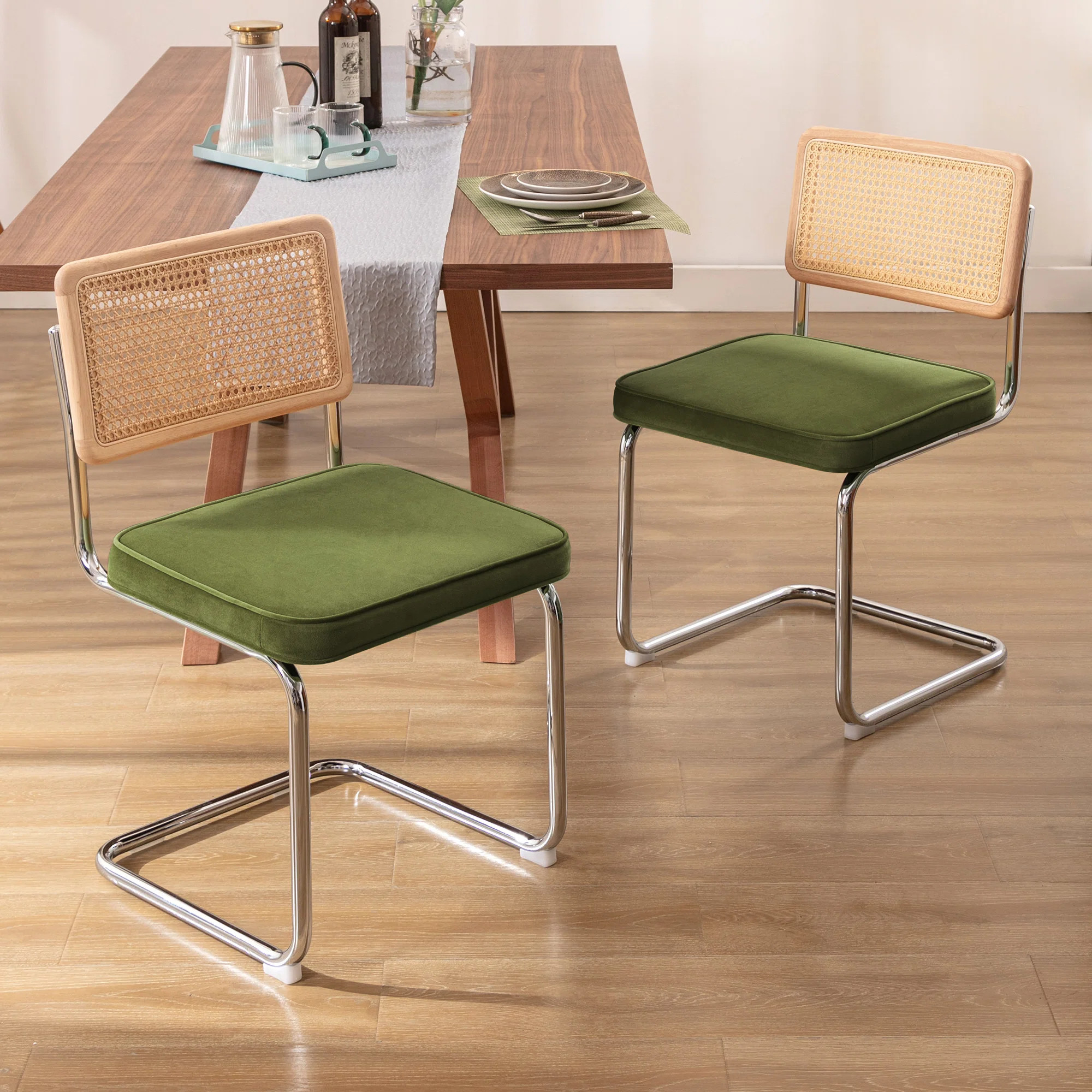 Crumley 18.8" H Upholstered Side Chair with Cane Rattan Back and Steel Frame (Set of 2) | Wayfair North America