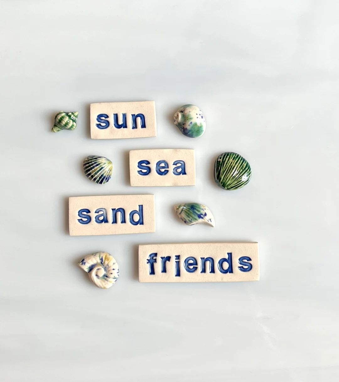 Ceramic Word and Seashell Tile Set, 10pcs, Sun Sea Sand Friends, Variety Seashells, Blues and Gre... | Etsy (US)