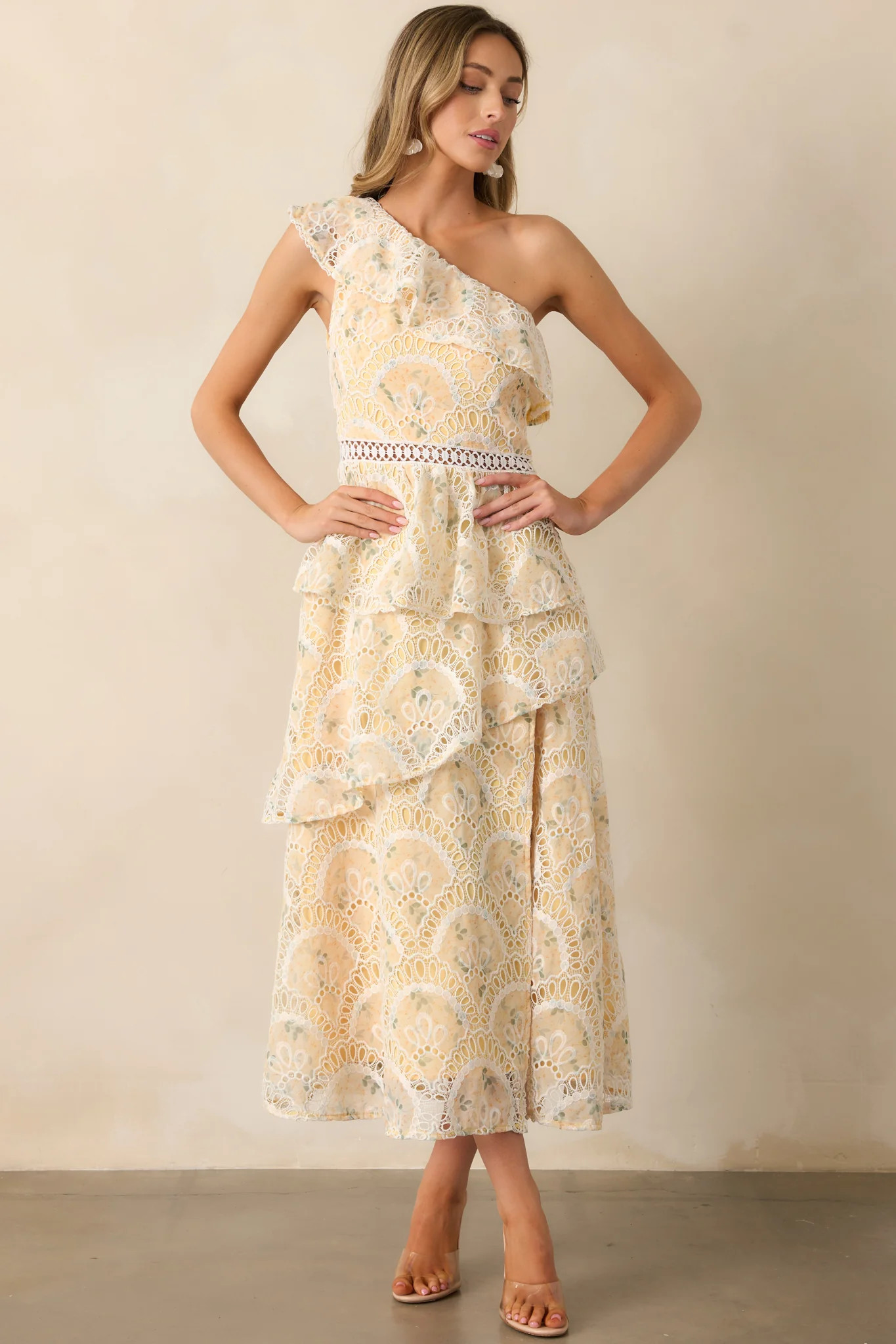 Vineyard Stroll Yellow Floral Embroidered One Shoulder Midi Dress | Red Dress