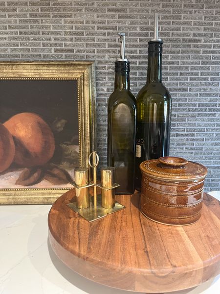 Kitchen decor, French butter crock, brass salt and pepper, olive oil dispenser, wood pedastal riser 

#LTKhome #LTKstyletip #LTKfindsunder50