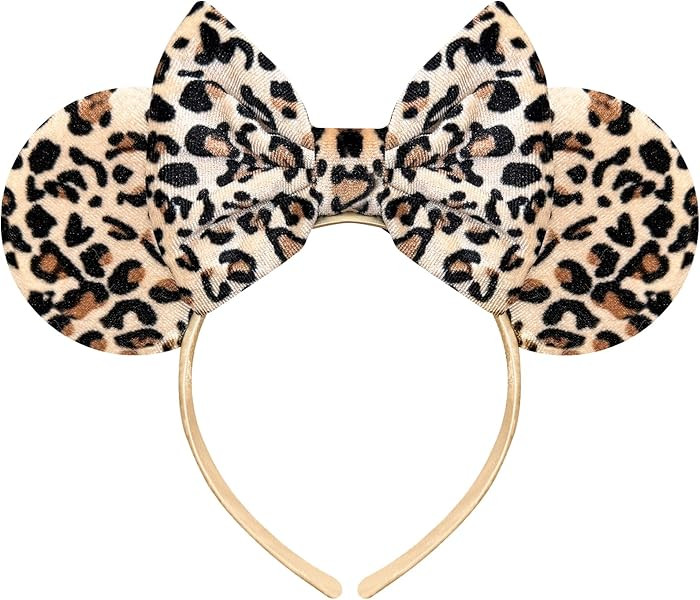 Leopard Print Mouse Ears Headband for Women, Leopard Fuzzy Bows Park Ears, Cute Hair Band | Amazon (US)