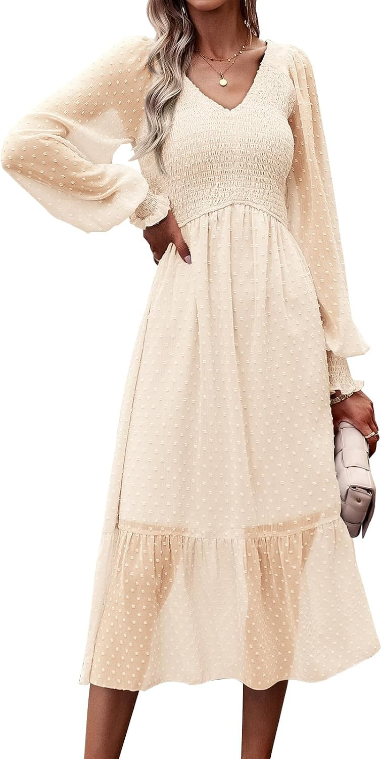 PRETTYGARDEN Women's Spring Dresses Long Sleeve V Neck Swiss Dot Empire Waist Chiffon Dress Ruffle Smocked Midi Dresses | Amazon (US)