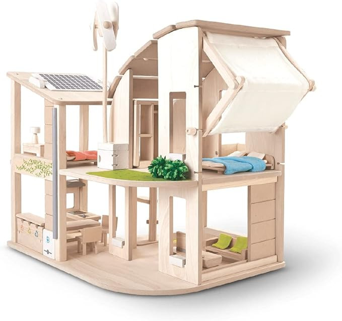 PlanToys Green Wooden Dollhouse with Furniture - Chemical-Free Green Toy Featuring 18 Wooden Furt... | Amazon (US)