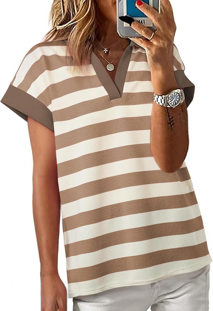 SHEWIN Womens Summer Tops Casual Short Sleeve Sweatshirt Color Block Striped Polo Shirts V Neck P... | Amazon (US)