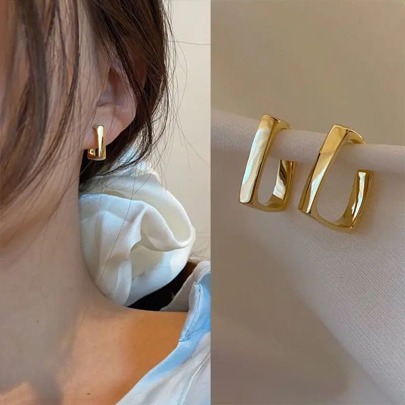Minimalist Geometric Rectangle Hoop Earrings - 14K Gold Plated Zinc Alloy Jewelry for Women | Temu Affiliate Program