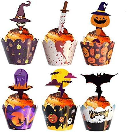 48 Pieces Halloween Cupcake Toppers Cupcake Wrappers Kit for Halloween Cake Decoration | Amazon (US)