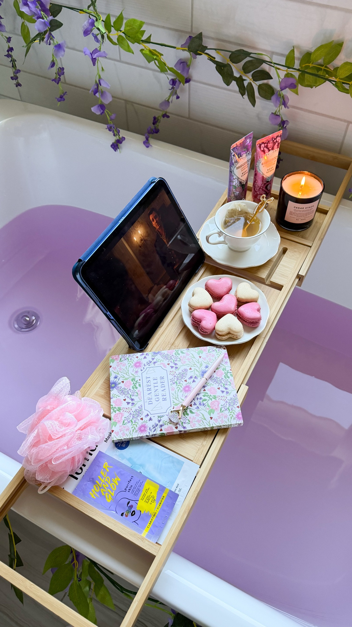 This bath tray caddy is made of bamboo, folds in hall for easy storage, and extends to easily fit over any tub! 

Bridgerton bath, bathroom decor, Tulips, Mackenzie childs pitcher amd tea kettle, bathtub tray, tea sets, cuos and saucer, pens, candle, face mask, spoon set, lace gloves 

#LTKSeasonal #LTKHome #LTKselfcare