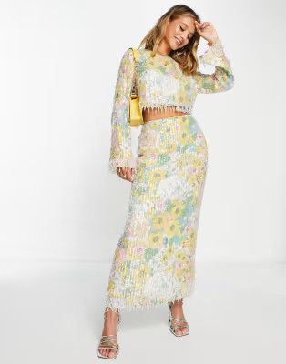 ASOS EDITION sequin long sleeve top & midi skirt with fringe in pastel floral pr | ASOS (Global)