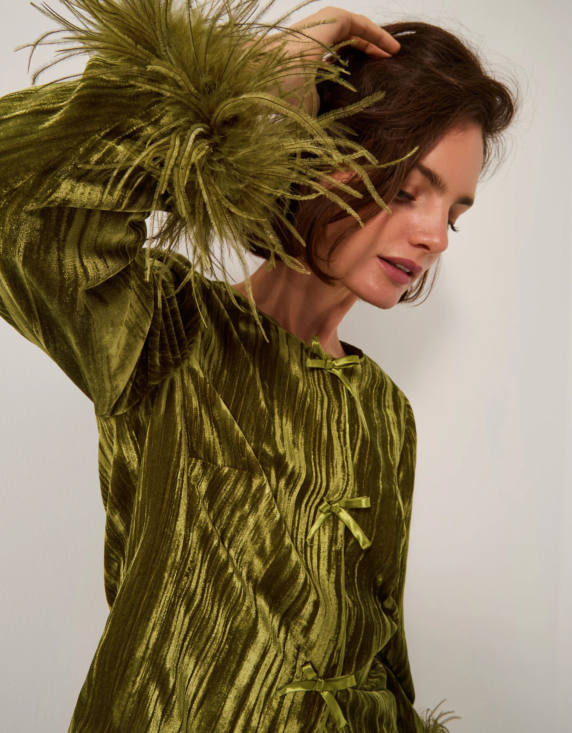 Olivia Feather Cuff Velvet Jacket Green | Monsoon (UK)