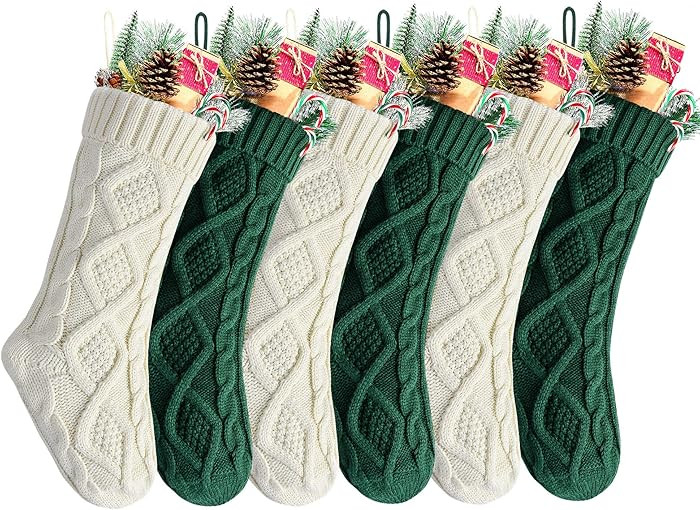 18" Green and Ivory Knit Christmas Stockings for Fireplace Holiday Decor,6 Pack | Amazon (US)