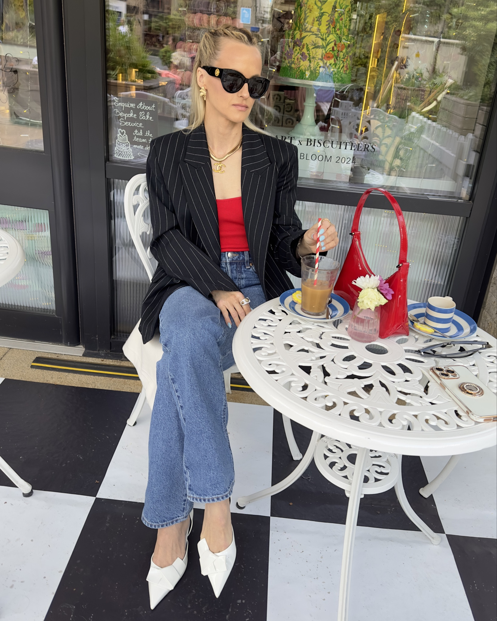 Coffee date look !!
Love adding some pop colour and some elegant twist for the denim. 

Versace sunglasses, Accessorize earrings, Chanel gold pendant necklace, Matches gold necklace, Na-Kd fashion red sleeveless top, &OtherStories pinstripe black blazer, Mango red patent bag, Revolve jeans, Zara white patent kitten heel shoes. 

#LTKeurope #LTKstyletip #LTKspring