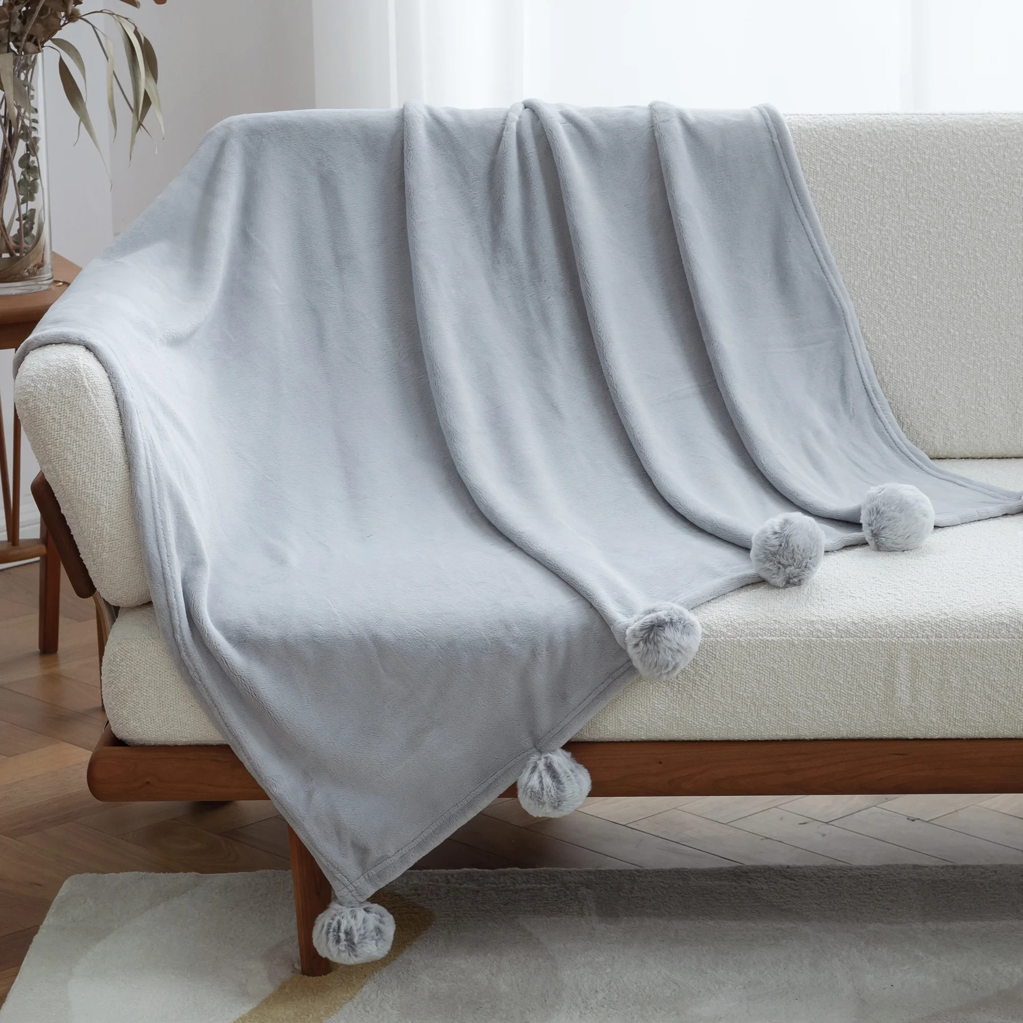 Amelie Home Soft Fuzzy Light Grey Fleece Throw Blankets with Pom Pom Fringe for Bed Couch, 60" x ... | Walmart (US)