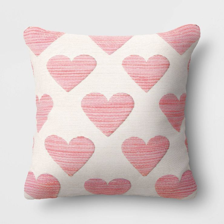 Valentine's Day Textured Hearts Cotton Square Throw Pillow Ivory - Threshold™ | Target