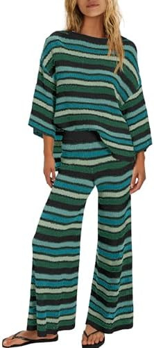 ReachMe Womens Oversized Striped 2 Piece Sets Sweater and Wide Leg Pants with Pockets Pajama Loun... | Amazon (US)
