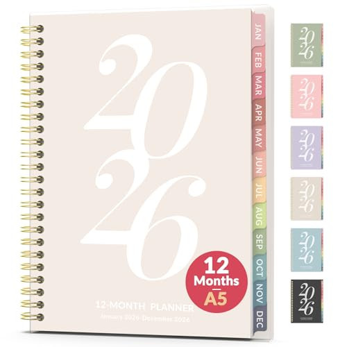 2026 Planner Weekly and Monthly, Jan - Dec 2026, 6.3" x 8.4”, Small Agenda Planner for Women, Aesthetic Calendar Planner with Spiral Bound, Month Tab, Flexible Cover for School, Office (A5, Beige) | Amazon (US)