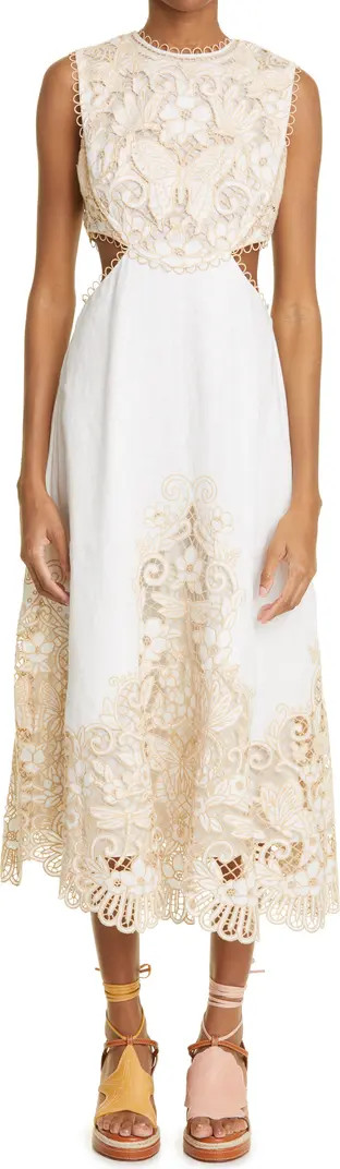 Embroidered Lace Cutout Detail Linen Midi Dress | Nordstrom