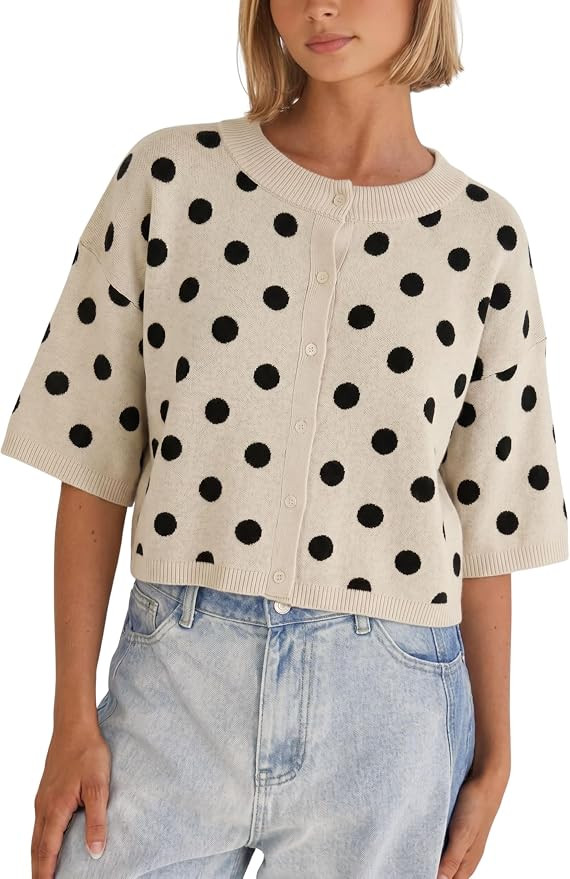 Daacee Women's Cropped Polka Dot Cardigan Casual Short Sleeve Sweater Top | Soft Knit, Crew Neck,... | Amazon (US)