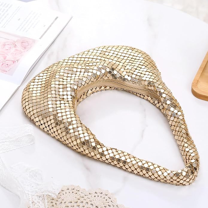 Afashor Womens Metallic Evening Bag Cute Hobo Handbag Fashion Shiny Moon-shaped Shoulder Purse | Amazon (US)
