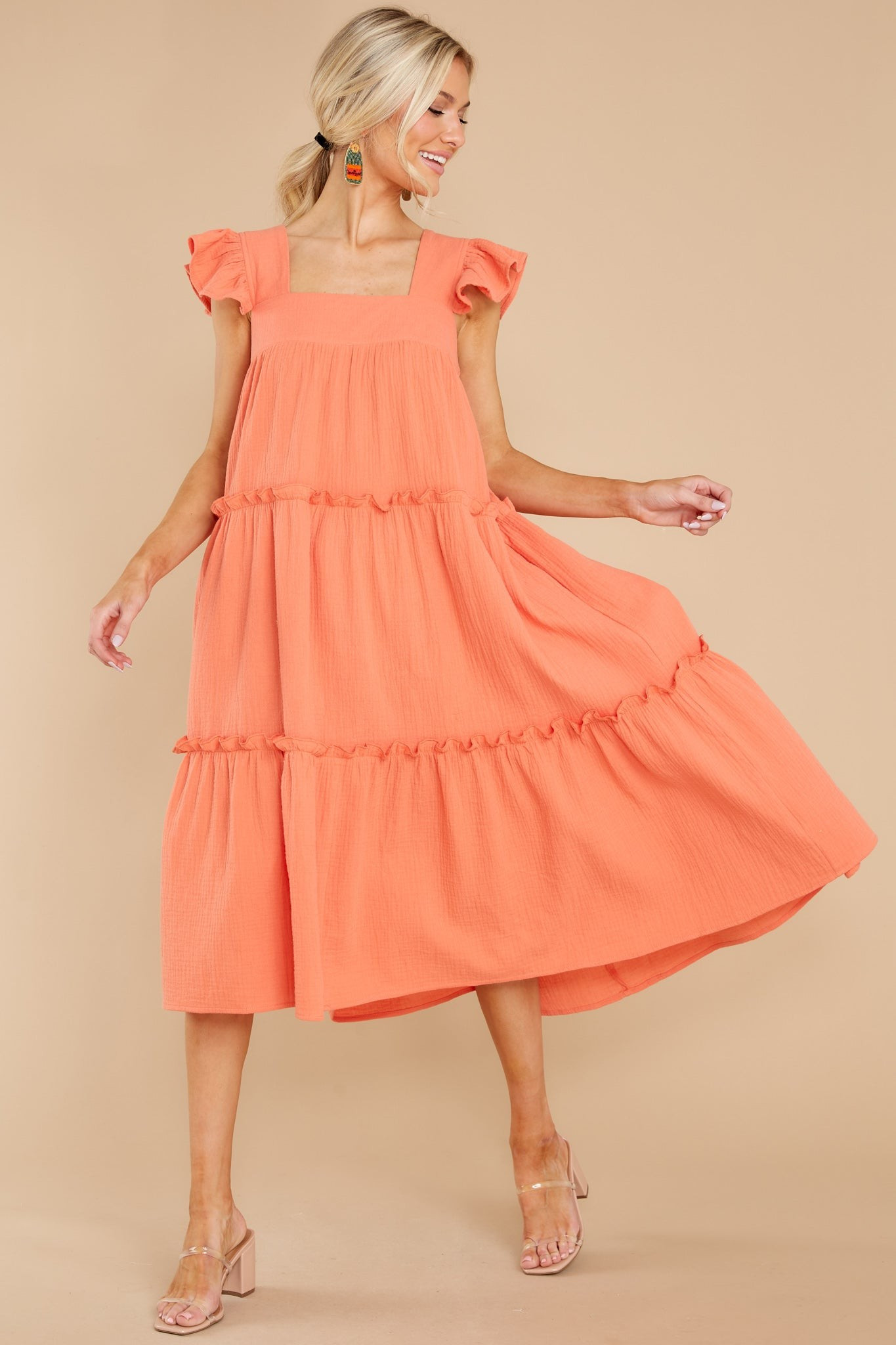 Let The Sun Beam Orange Midi Dress | Red Dress 