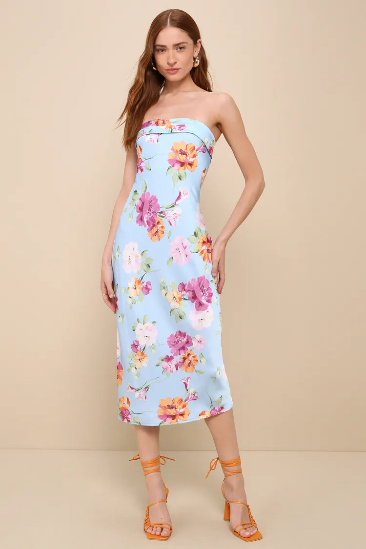 Sophisticated Design Light Blue Floral Strapless Midi Dress | Lulus