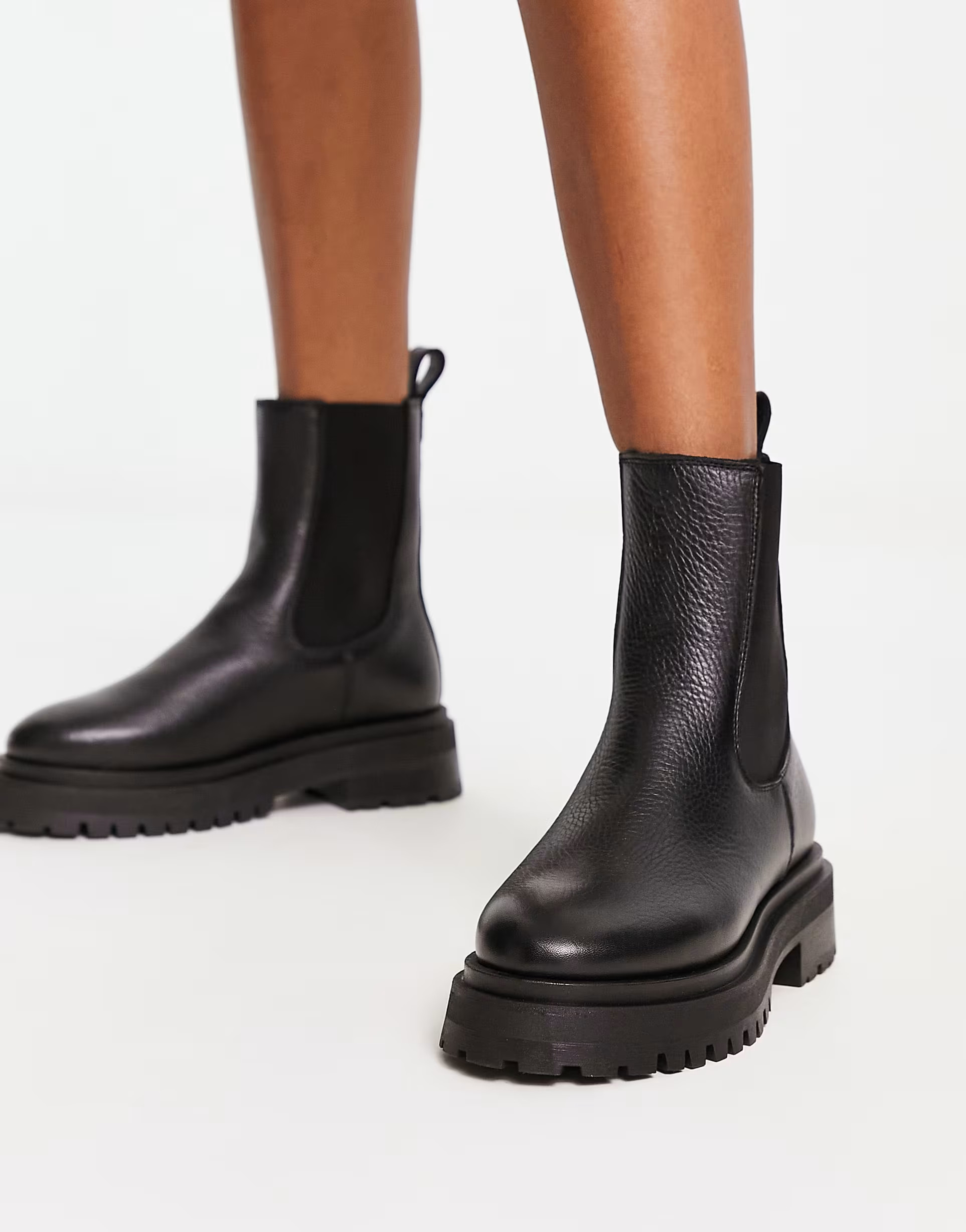 & Other Stories leather flat chunky sole knee high boots in black | ASOS (Global)