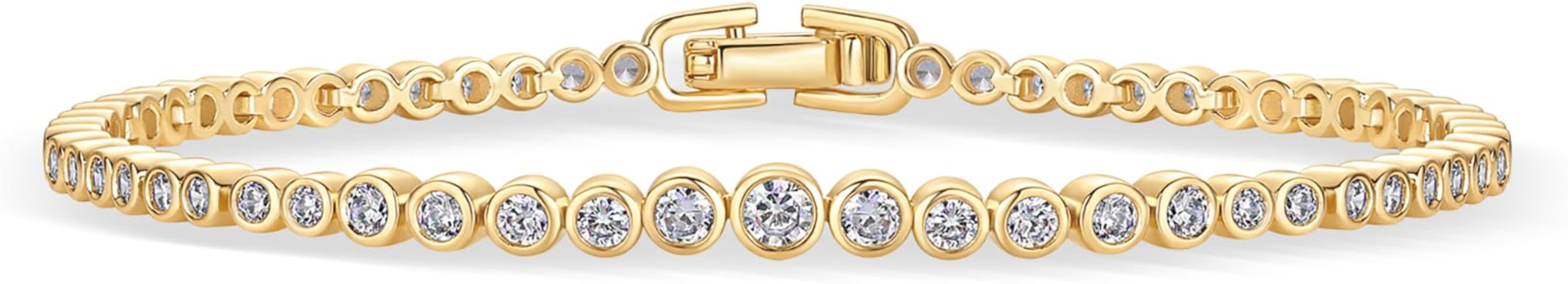 PAVOI 14K-18K Gold Plated Simulated Diamonds Bezel Set Tennis Bracelets for Women - Cubic Zirconi... | Amazon (US)