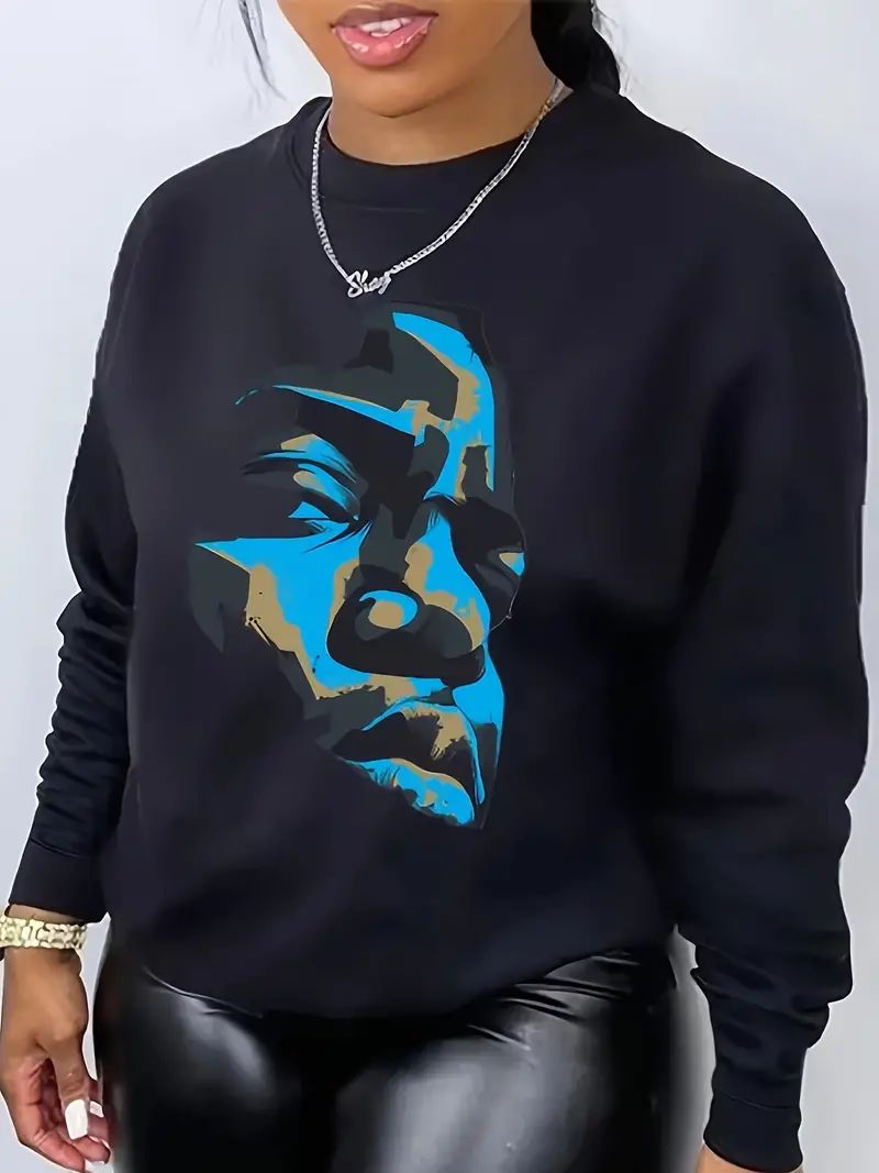 Portrait Print Crew Neck Sweatshirt Casual Long Sleeve Drop - Temu | Temu Affiliate Program