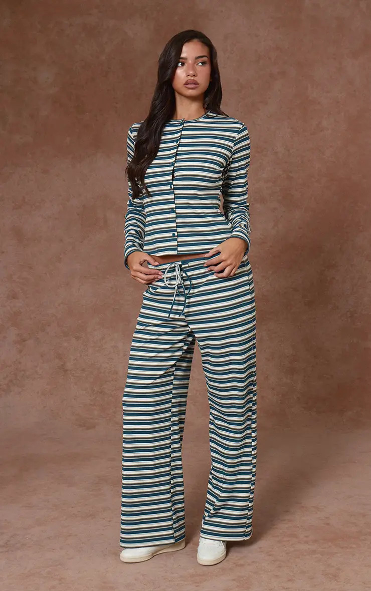 Green Stripe Soft Rib Elasticated Waist Trouser | PrettyLittleThing USA | PrettyLittleThing US