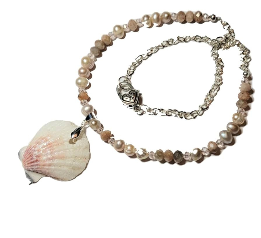 Mermaid Necklace, Sunstone Beaded Necklace, Real Scallop Shell Pendant, Beach Wedding Jewelry, Ge... | Amazon (US)