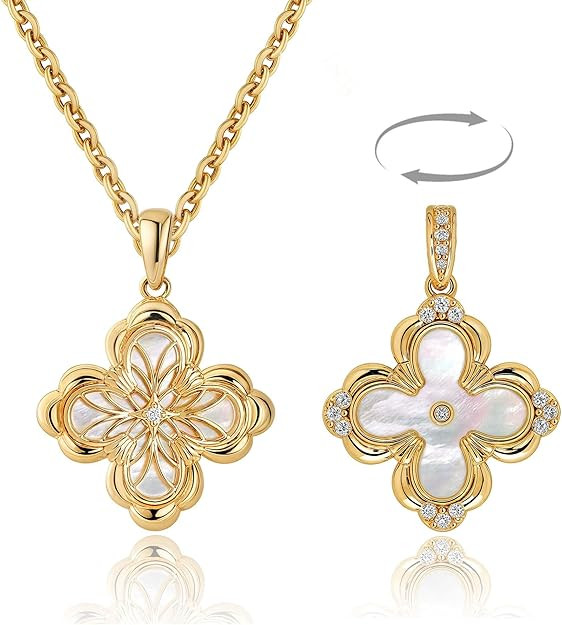Fettero Dainty Gold Necklace for Women - Double Sided Pendant Necklace 14K Gold Plated Charm Clov... | Amazon (US)