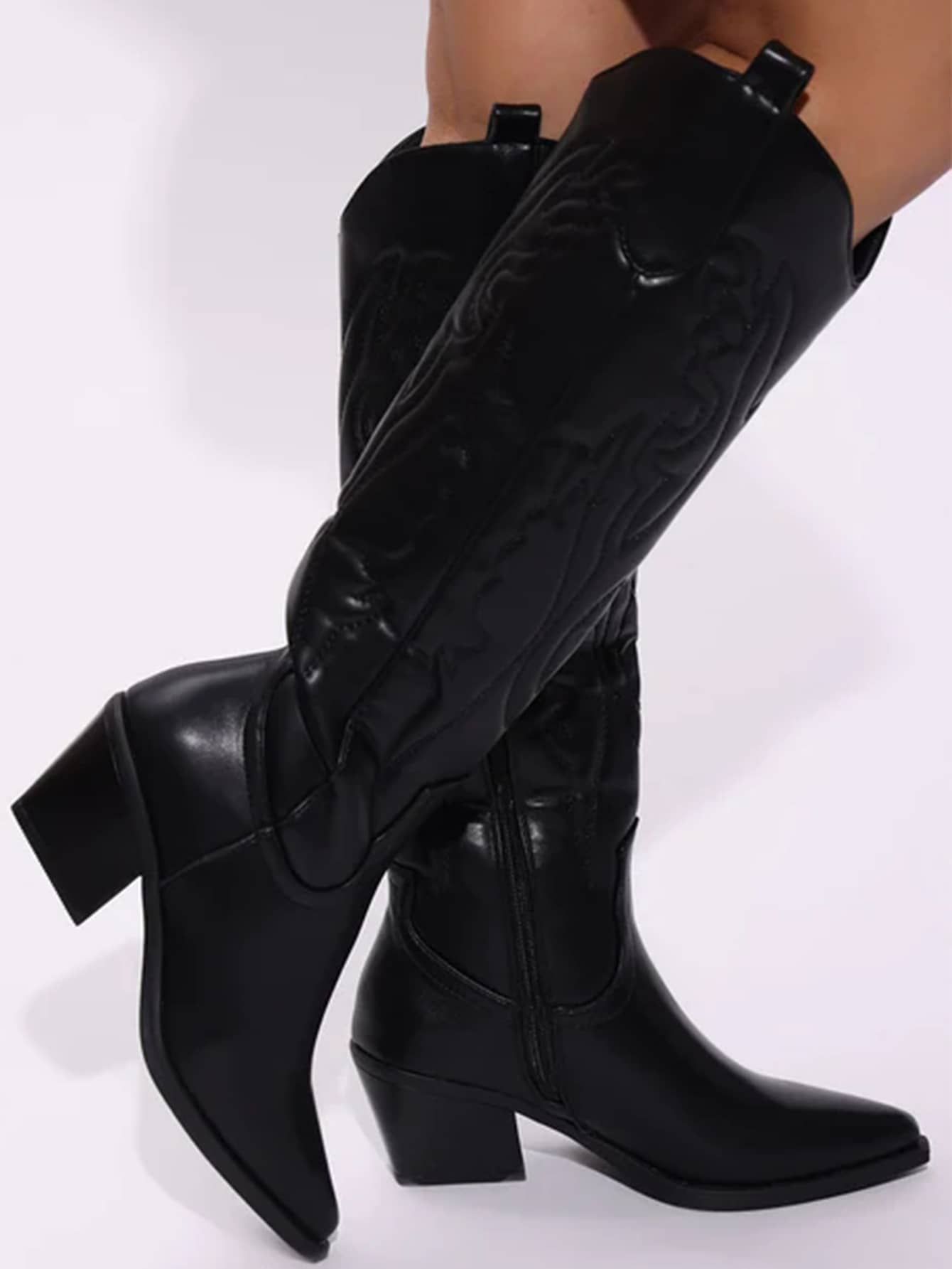 Black Western Cowboy Boots With Embroidery Design, Stitching Details And Thick Heel | SHEIN