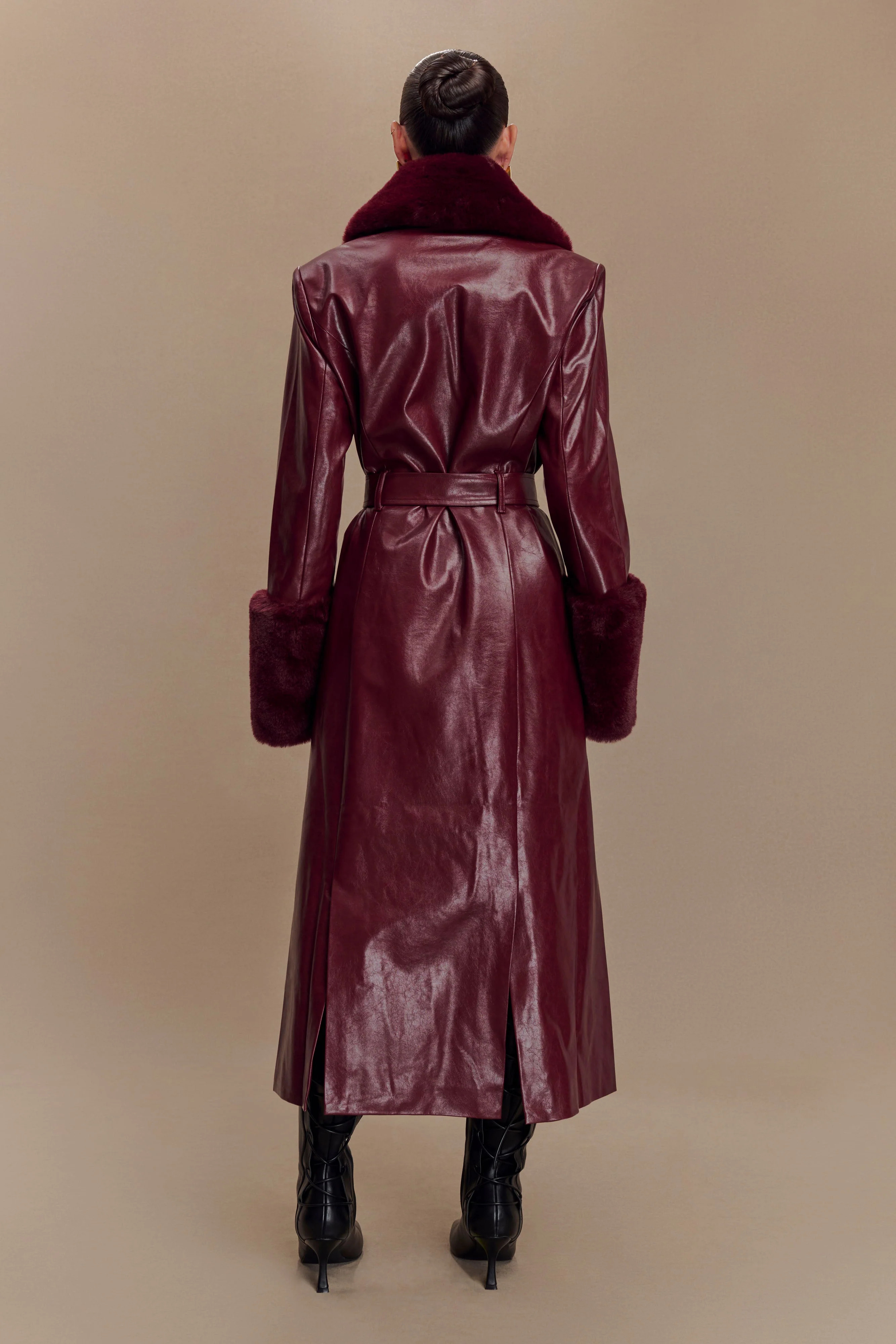 Faux Leather Trench Coat With Faux Fur - Cherry Red | MESHKI US
