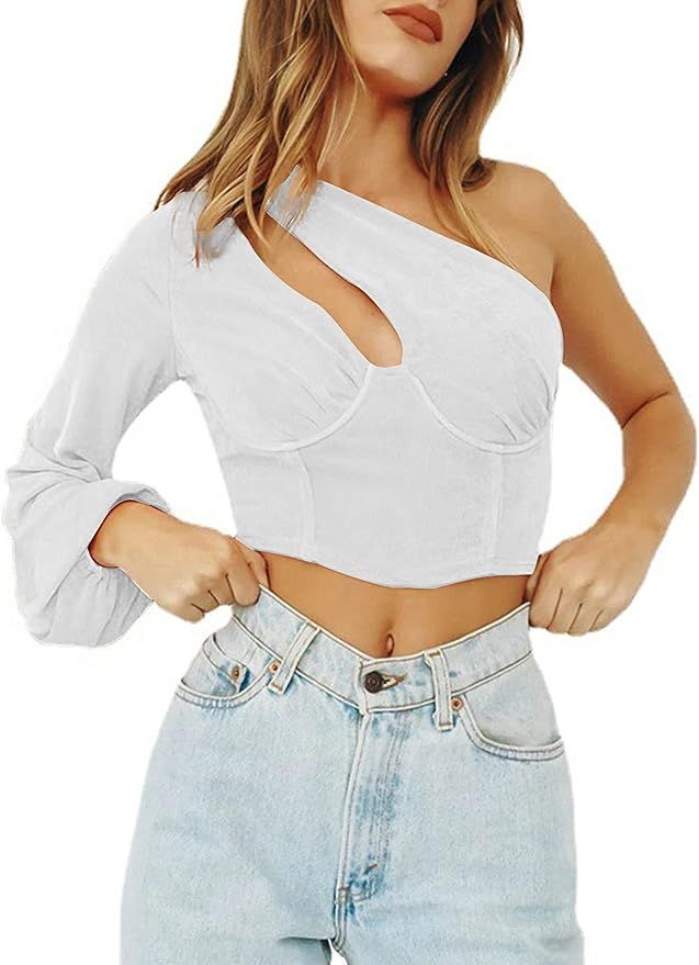 LYANER Women's Sexy One Shoulder Cut Out Bishop Long Sleeve Crop Tee Blouse Top | Amazon (US)