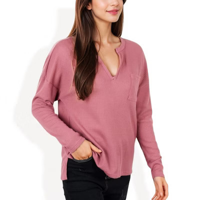 Anna-Kaci Women's Long Sleeve Waffle Knit Top with Notched Neckline and Chest Pocket- Small, Pink | Target