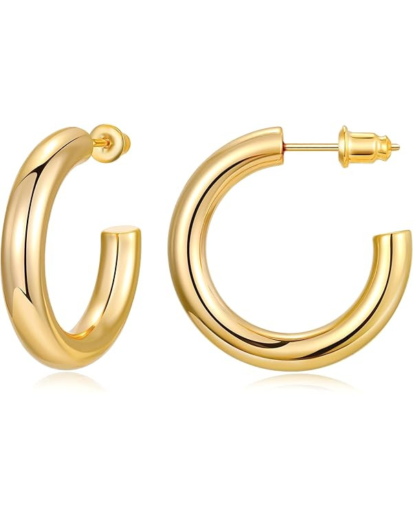 Gacimy Chunky Gold Hoop Earrings for Women 14K Real Gold Plated, 925 Sterling Silver Post Gold Ho... | Amazon (US)