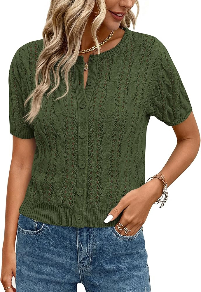 MASCOMODA Women Summer Cable Knit Crochet Cardigan Sweaters Casual Button Short Sleeve Sweater Cu... | Amazon (US)
