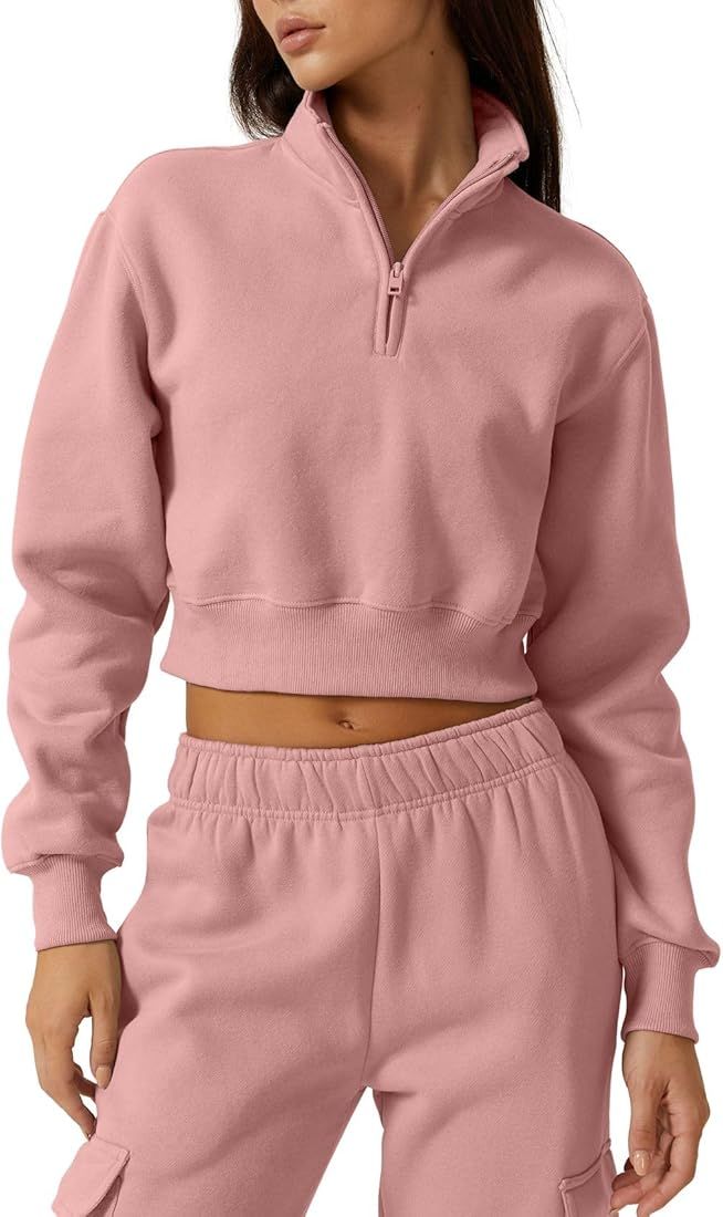 QINSEN Womens Half Zip Crop Sweatshirt High Neck Long Sleeve Pullover Cropped Top | Amazon (US)