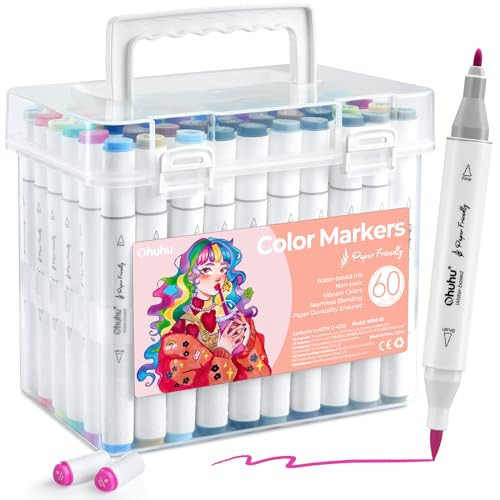 Ohuhu 60 Colours Water-Based Markers: Paper-Friendly Colouring Pens, Dual Tips Brush Pens for Adults Colouring Books, Art Markers for Adults Beginner, Calligraphy Drawing Sketch Journal | Amazon (UK)