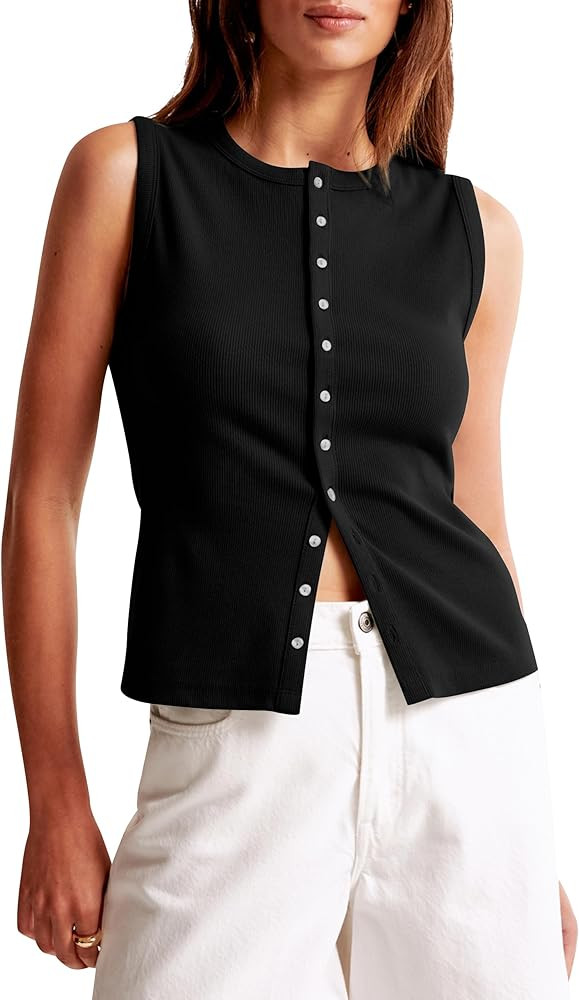 Cioatin Women Ribbed Button Down Tank Tops Sleeveless Crew Neck Slim Fit Open Front Crop Vest Goi... | Amazon (US)