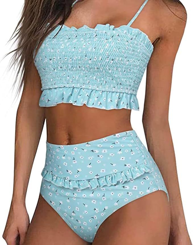 MOOSLOVER Women's Shirred Bandeau Bikini Top High Waisted Bottom 2 Piece Swimsuits Bikini Set | Amazon (US)