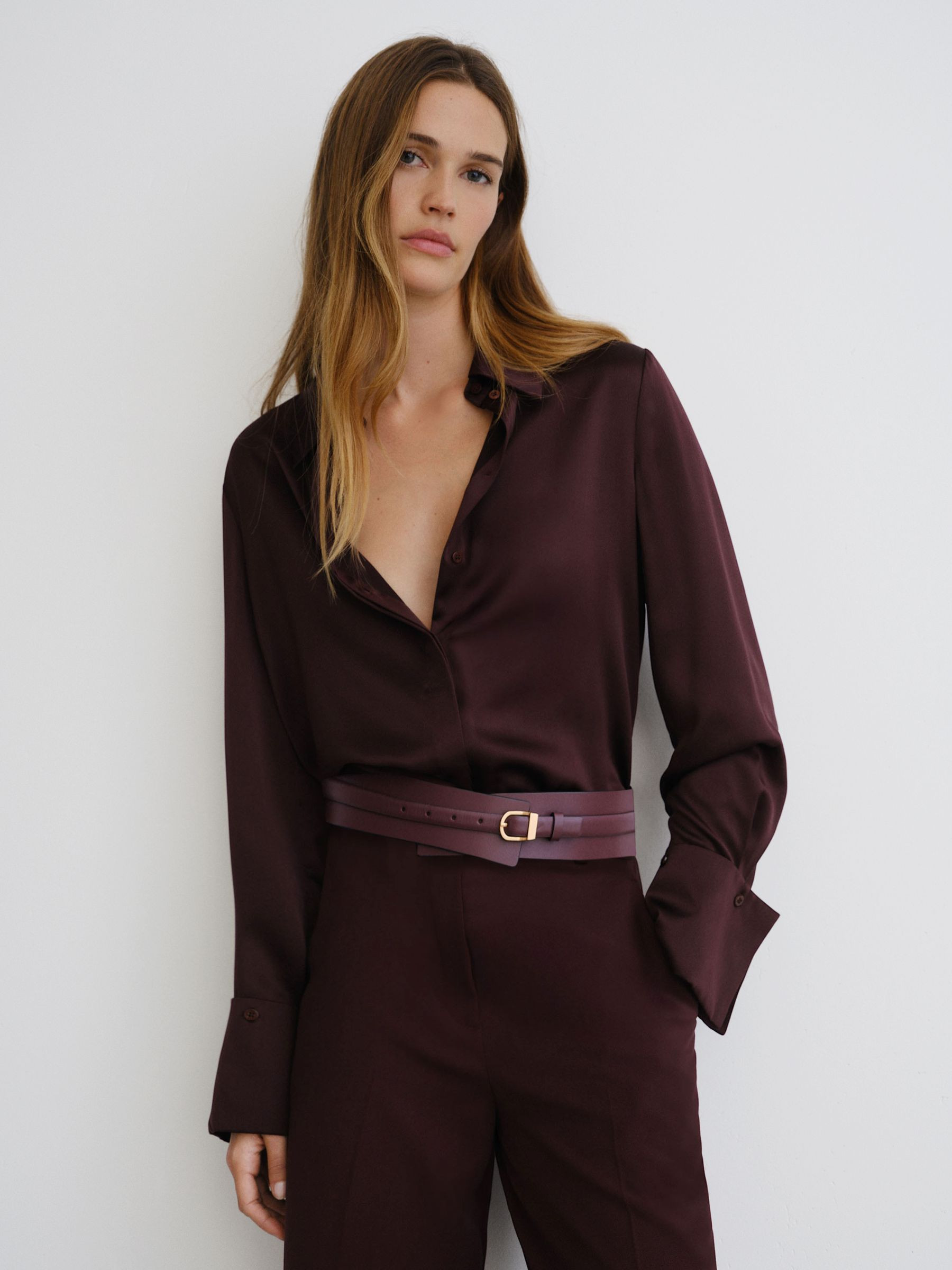 Leather Double-Strap Waist Belt in Burgundy | Reiss UK