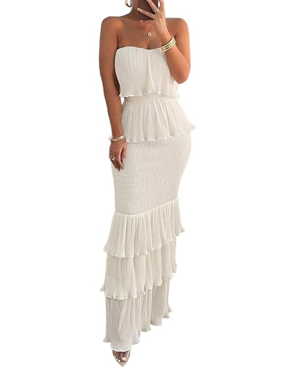 CHICME Women's Long Bandeau Bodycon Dress Shirred Ruffle Hem Layered Wedding Guest Dress Formal E... | Amazon (US)