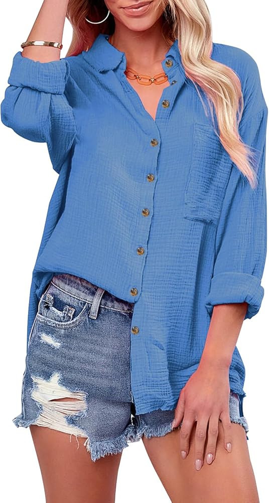 siliteelon Womens Button Down Shirts Cotton Gauze Long Sleeve Oversized Boyfriend Blouses Collare... | Amazon (US)