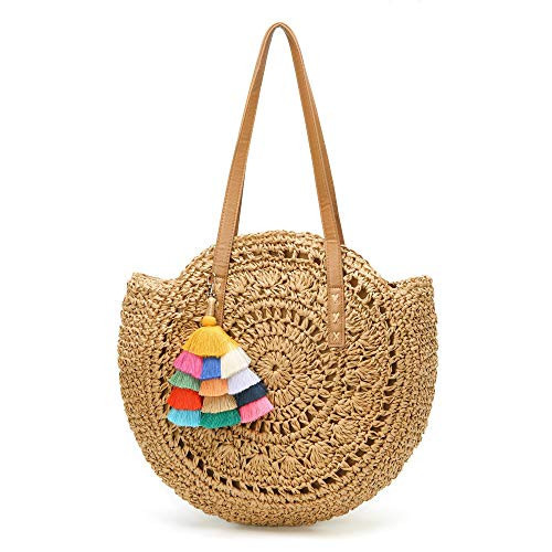 Straw Bag Round Summer Straw Large Woven Beach Bag Purse For Women Vocation Tote Handbags With Pom Poms | Amazon (US)