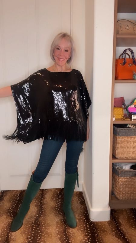 Black sequin poncho with fringe is to die for. Wear over jeans, pants, skirt or little black dress. So versatile all year long! 
@lovechicos #lovechicos #over50style 

#LTKHoliday #LTKover40 #LTKstyletip