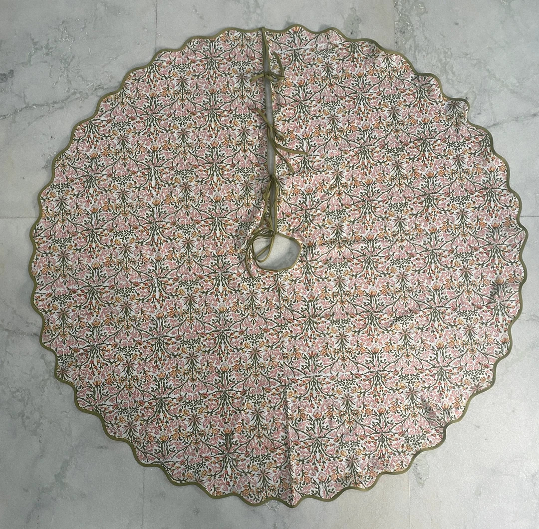 Tree Skirt, Indian Floral Hand Block Printed Piping Scallops Cotton Cloth Christmas Tree Skirt, F... | Etsy (US)