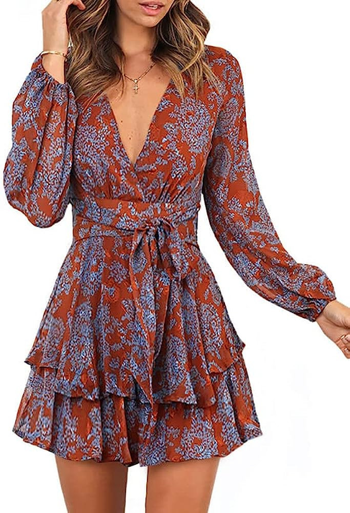 Womens 2023 Summer Fall V Neck Ruffle Dress Long Sleeve Floral Dress With Sleeves Amazon | Amazon (US)